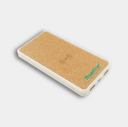 Trustline Enterprises branded powerbank with a cork surface, featuring wireless charging capability.