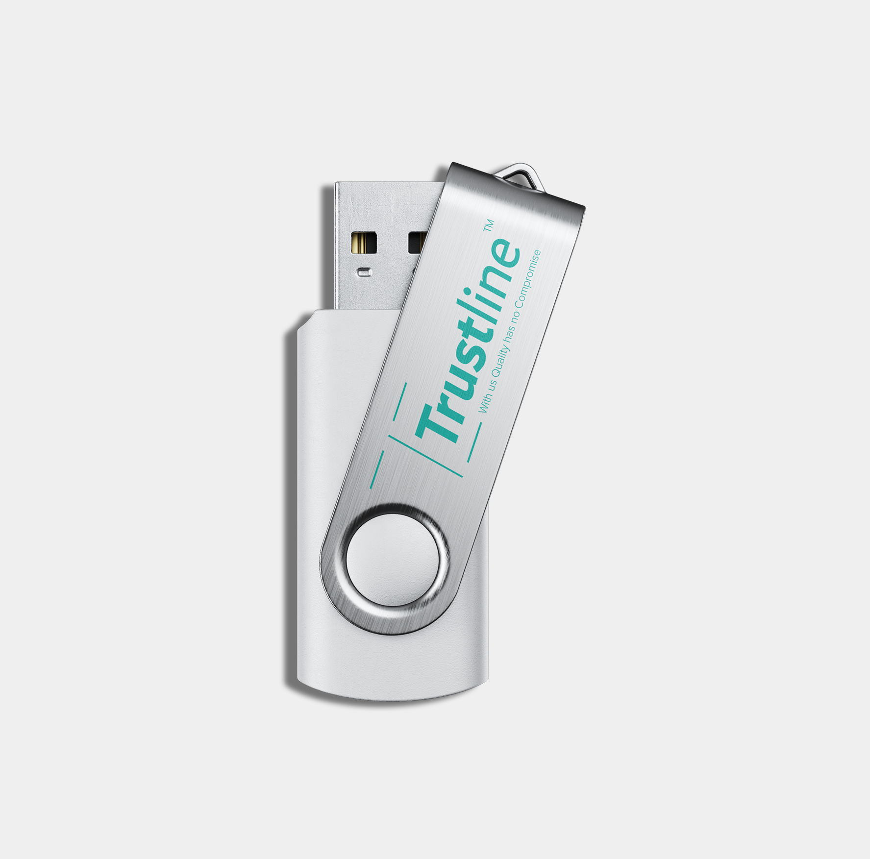 Trustline Enterprises branded USB flash drive with a swivel cover.