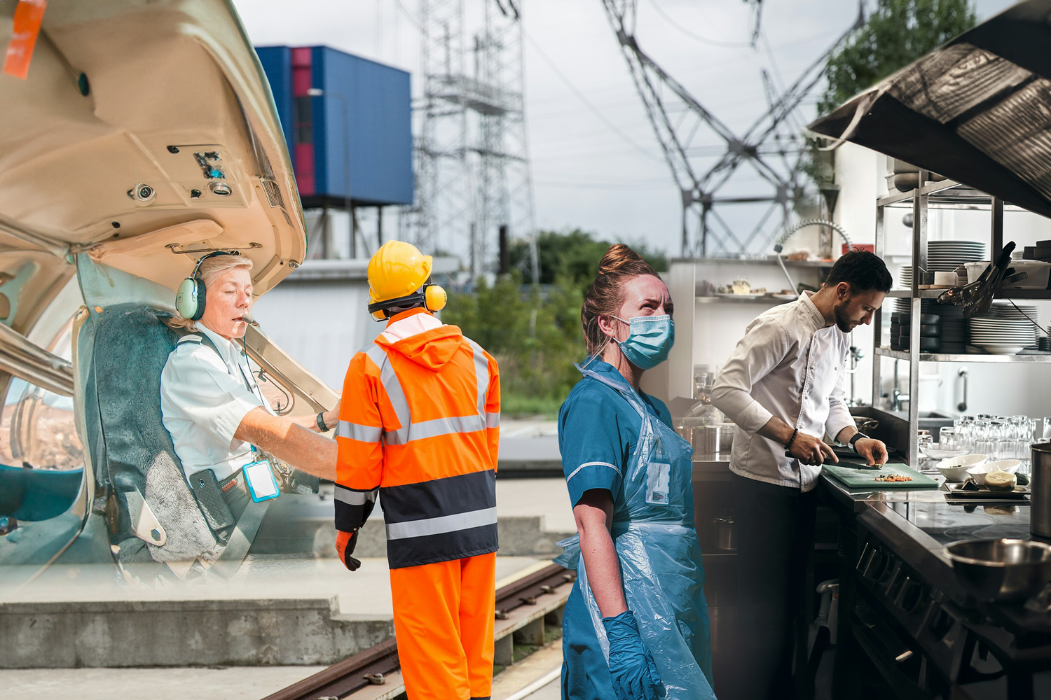 Collage of diverse professionals including a pilot in an airplane cockpit, a construction worker in high-visibility gear, a healthcare worker in scrubs and a mask, and a chef preparing food in a kitchen, representing various industries and occupations.