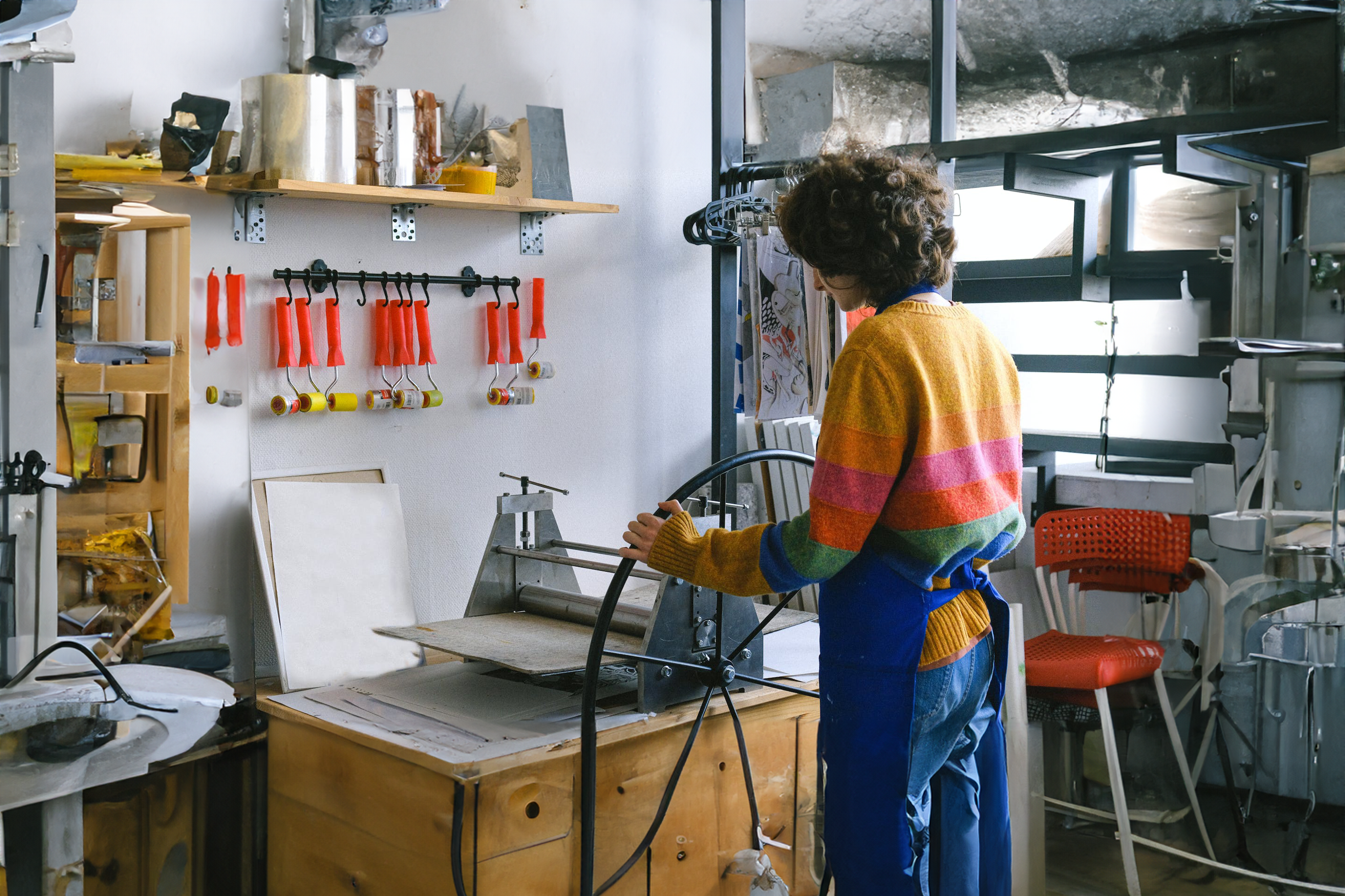 Artist wearing a colorful sweater and blue apron, operating a printing press in a well-organized studio.